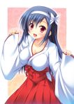  1girl :d blue_hair breasts cleavage hakama headband japanese_clothes long_hair miko miu_(c_blue) open_mouth red_eyes smile 