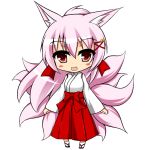  1girl animal_ears blush_stickers chibi fox_ears fox_tail japanese_clothes long_hair looking_at_viewer miko mikomiko_masimaro multiple_tails original purple_hair simple_background smile solo tail white_background 