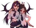  2girls arm_around_waist black_hair black_legwear black_sclera breasts brown_hair comb contrapposto crybringer filia_(skullgirls) filia_(skullgirls)_(cosplay) flower hair_bun hug large_breasts living_hair long_hair miniskirt multiple_girls nail nail_polish navel necktie no_pupils painwheel_(skullgirls) red_eyes revision samson_(skullgirls) scar school_uniform skirt skullgirls sleeves_rolled_up smile thigh-highs zettai_ryouiki 