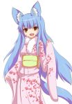 1girl animal_ears aqua_hair brown_eyes fox_ears fox_tail japanese_clothes kimono m-wataru original solo tail 