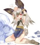  animal_ears armpits arms_up bunny_tail choker fang gloves hands_on_head head_bump ice long_hair looking_at_viewer monster_hunter open_mouth paw_shoes red_eyes silver_hair tail thighs umitsuki urukususu white_background 