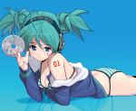  1girl blue_eyes cd green_hair hatsune_miku headphones lying masao nail_polish on_stomach reflection solo striped twintails vocaloid 