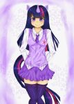  1girl animal_ears blush horn knees_touching long_hair multicolored_hair my_little_pony my_little_pony_friendship_is_magic necktie personification purple_hair skirt smile solo star tail thigh-highs twilight_sparkle vest violet_eyes 