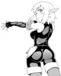  1girl ass breasts elbow_gloves evangelyne fingerless_gloves freckles from_behind gloves large_breasts monochrome payot pointy_ears short_hair shorts solo tsukudani_(coke-buta) wakfu 