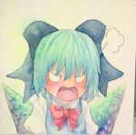  1girl angry blue_hair bow cirno hair_bow highres ice ice_wings open_mouth solo touhou traditional_media watercolor_(medium) wings yuyu_(00365676) 