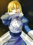  1girl ahoge armor armored_dress blonde_hair blood blood_on_face cut_(123) dress fate/zero fate_(series) gauntlets green_eyes saber solo wiping_face 
