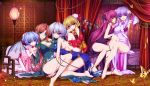  6+girls alternate_costume alternate_hairstyle bare_legs bare_shoulders barefoot blonde_hair blue_eyes braid breasts bun_cover butterfly canopy_bed chinese_clothes cleavage double_bun flandre_scarlet highres hong_meiling koakuma large_breasts moneti_(daifuku) multiple_girls no_hat no_headwear patchouli_knowledge purple_hair red_eyes remilia_scarlet ribbon short_hair side_slit silver_hair sitting smile touhou twin_braids violet_eyes 