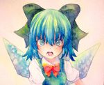  1girl angry blue_eyes blue_hair bow cirno hair_bow highres ice ice_wings open_mouth solo touhou traditional_media watercolor_(medium) wings yuyu_(00365676) 