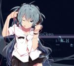  1girl alternate_costume alternate_hairstyle blue_eyes blue_hair bra cable collarbone finger_gun green_bra hair_ribbon hatsune_miku licking_lips long_hair looking_at_viewer microphone ogipote open_clothes open_shirt ribbon shirt short_sleeves skirt solo underwear very_long_hair vocaloid wink 