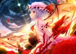  1girl bat_wings blue_hair clock clouds cross dress flower gamuo hat hat_ribbon polearm profile red_eyes remilia_scarlet ribbon rose short_hair solo spear_the_gungnir sun touhou weapon wings 