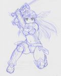  1girl armor belt breasts cleavage elbow_gloves emil_chronicle_online fighting_stance forehead_jewel gloves greaves head_wings helmet kasuga_yukihito long_hair monochrome navel_cutout one_knee open_vest panties sketch solo sword traditional_media underwear vambraces vest weapon winged_helmet 