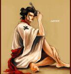  1boy barefoot black_hair feet gun izou_(one_piece) male one_piece sitting solo tsuyomaru weapon 