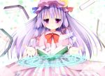  1girl blush book bow crescent hair_ribbon hat looking_at_viewer maccha open_mouth patchouli_knowledge purple_hair ribbon solo touhou violet_eyes 