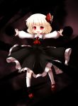  1girl ascot blush cocozasa darkness fang hair_ribbon long_sleeves open_mouth outstretched_arms ribbon rumia shirt skirt skirt_set smile solo touhou vest 