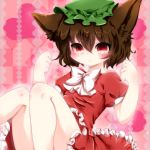 1girl animal_ears blush bow brown_hair cat_ears checkered checkered_background chen clenched_hands enonimikulen hands_up hat heart knees_up looking_at_viewer puffy_short_sleeves puffy_sleeves red_eyes short_hair short_sleeves sitting skirt skirt_set slit_pupils solo striped striped_background touhou 