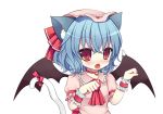  1girl animal_ears ascot bat_wings bell blue_hair blush bust cat_ears cat_tail collar face hat kemonomimi_mode paw_pose red_eyes remilia_scarlet short_hair solo swami tail touhou wings wrist_cuffs 