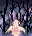  1girl absurdres bubble_skirt cape detached_sleeves fate/kaleid_liner_prisma_illya fate_(series) feathers finger_to_mouth gloves hair_feathers highres illyasviel_von_einzbern long_hair magical_girl night night_sky red_eyes sky solo u._(artist) wand white_hair wink 