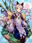  1girl animal_ears bamboo clouds fox fox_ears fox_tail grey_eyes grey_hair multiple_tails short_hair sitting smile tagme tail traditional_clothes welchino 