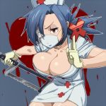  1girl blue_hair breasts cleavage eyepatch hat huge_breasts nurse nurse_cap short_hair skullgirls solo tenchisouha valentine_(skullgirls) 