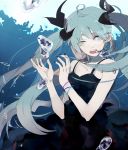  1girl black_dress bubble dress hatsune_miku open_mouth shinkai_shoujo_(vocaloid) solo twintails underwater uusparking vocaloid wink 