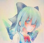  1girl :&lt; blue_eyes blue_hair bow cirno hair_bow highres ice ice_wings solo touhou traditional_media watercolor_(medium) wings yuyu_(00365676) 