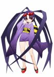  arachne arane bow clam_curry clog_sandals female highres japanese_clothes kimono monster_girl no_pupils pointy_ears purple_hair queen&#039;s_blade queen&#039;s_blade_spiral_chaos red_eyes sandals short_hair spider_girl 