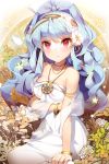  bangle bare_shoulders blue_hair blush bow bracelet breasts cleavage collarbone dress flower flower_on_head gilse glowing hair_bow jewelry leg_up linus_falco long_hair lowres necklace open_mouth petals ponytail red_eyes sword_girls very_long_hair wavy_hair 