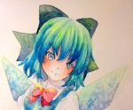  1girl blue_eyes blue_hair bow cirno hair_bow highres ice ice_wings raised_eyebrow smirk solo touhou traditional_media watercolor_(medium) wings yuyu_(00365676) 