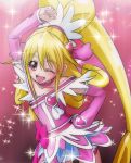  1girl aida_mana blonde_hair cure_heart dokidoki!_precure hand_on_hip haruyama magical_girl open_mouth pink_background pink_eyes ponytail precure skirt solo wink 