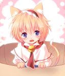  1girl alice_margatroid animal_ears bell blonde_hair blue_eyes blush box bust capelet cardboard_box cat_ears cat_tail fang hairband in_box in_container jingle_bell kemonomimi_mode open_mouth sen&#039;yuu_yuuji smile solo tail touhou 