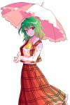  1girl alphes_(style) ascot breasts dairi green_hair holding kazami_yuuka long_skirt long_sleeves looking_at_viewer open_vest parody red_eyes shadow shirt short_hair skirt solo style_parody touhou transparent_background umbrella vest 
