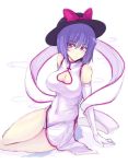  1girl alternate_costume blush breasts china_dress chinese_clothes cleavage cleavage_cutout clothed_navel elbow_gloves gloves hat large_breasts looking_at_viewer nagae_iku purple_hair shawl short_hair simple_background solo touhou touya_(the-moon) violet_eyes white_gloves 