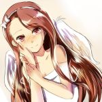  1girl angel_wings bare_shoulders brown_hair dutch_angle hairband hand_on_another&#039;s_cheek idolmaster long_hair looking_at_viewer minase_iori o_kawa pink_eyes simple_background smile solo tears wings 