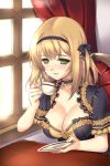  blonde_hair blush bow breasts choker cleavage cup frills green_eyes grin hair_ribbon holding kuro_(kuronell) lowres open_mouth plate ribbon short_hair sitting smile sword_girls teacup 