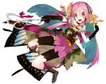  1girl bike_shorts blue_hair blush boots butterfly_wings elbow_gloves gloves karei_(hirameme) long_hair looking_at_viewer multicolored_hair open_mouth original pink_eyes pink_hair skirt smile solo two-tone_hair wand wings 