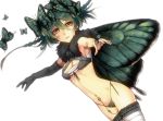  breasts brown_eyes butterfly butterfly_wings elbow_gloves gloves green_hair nabenko navel original thigh-highs wings 