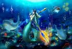  1girl black_sclera breasts bubble center_opening headdress league_of_legends mermaid monster_girl nami_(league_of_legends) open_mouth orange_eyes polearm scales shark signature staff tail underwater water weapon x85219960 
