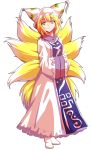  1girl alphes_(style) blonde_hair dairi dress fox_tail full_body hat long_sleeves looking_at_viewer multiple_tails parody shoes short_hair simple_background smile solo standing style_parody tabard tail touhou transparent_background white_dress wide_sleeves yakumo_ran yellow_eyes 