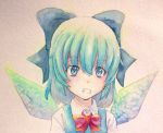  1girl blue_eyes blue_hair bow cirno clenched_teeth hair_bow highres ice ice_wings solo touhou traditional_media watercolor_(medium) wings yuyu_(00365676) 