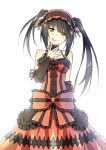  1girl black_hair blush bow breasts cleavage collarbone date_a_live frills heterochromia highres lolita_fashion long_hair red_eyes sky_(freedom) solo tokisaki_kurumi tongue twintails white_background yellow_eyes 