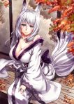  1girl animal_ears breasts cleavage fox_ears fox_tail grey_eyes japanese_clothes jirou_(62sand3gemt9) kimono large_breasts long_hair off_shoulder original silver_hair sitting smile solo tail 