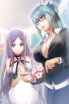  angel_wings bangs bare_shoulders black-framed_glasses blazer blue_eyes blue_hair breasts cleavage collarbone dress_shirt flower glasses hands_clasped holding long_hair lowres luthica_preventer open_mouth parted_bangs petals pointing ponytail purple_hair shirt sigmund skirt sword_girls tyuhus very_long_hair wings 
