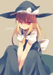  1girl blonde_hair bow dated fuukadia_(narcolepsy) hat hat_bow kirisame_marisa long_hair red_eyes solo touhou v_arms witch_hat 