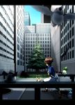  1boy building city eevee kyouhei_(pokemon) petilil pidove pokemon pokemon_(creature) pokemon_(game) pokemon_bw2 tamamochi tree 