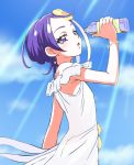  1girl bottle clouds dokidoki!_precure haruyama kenzaki_makoto precure purple_hair short_hair sky solo violet_eyes 