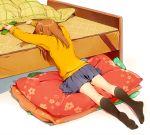  1girl bed blanket brown_hair face_covered face_down kawai_makoto long_hair on_stomach original pillow solo sweater 