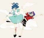  2girls blue_eyes blue_hair chinese_clothes closed_eyes dress flower hair_rings hair_stick hat kaku_seiga mimimimimipom miyako_yoshika multiple_girls ofuda open_mouth outstretched_arms shawl shoes simple_background tiptoes touhou vest 