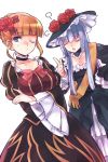  2girls beatrice blonde_hair blue_eyes bow choker closed_eyes crossed_arms dress flower hair_bun hair_flower hair_ornament hand_on_hip hat index_finger_raised long_hair multiple_girls rose sash silver_hair takahati08 umineko_no_naku_koro_ni virgilia wide_sleeves wink 