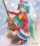  1girl 39 alternate_hairstyle aqua_eyes aqua_hair artist_name electric_guitar green_eyes guitar hatsune_miku high_heels instrument kneeling long_hair mayo_riyo pantyhose shoes smile solo traditional_media very_long_hair vocaloid 