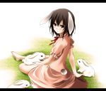  1girl animal_ears barefoot blush brown_hair colored dress grass inaba_tewi koshi-kun letterboxed pink_dress rabbit rabbit_ears red_eyes short_hair sitting solo tail touhou 